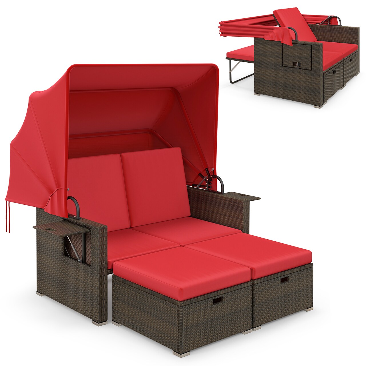 Outdoor Rattan Daybed Loveseat With Canopy 4 Position Reclining Ottoman Set Beige Red
